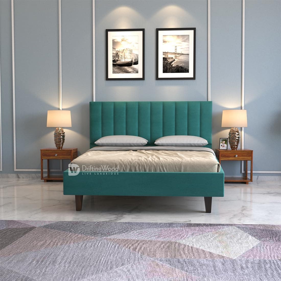DRIFTINGWOOD Florina Engineered Wood Low Height King Size Bed Without Storage | Wooden Double Bed | Low Floor/Level/Profile Cot Bedroom Furniture | Turquoise Green, Self Assembly (DIY)