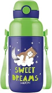 MILTON Steel Indus 400 Thermoware PU Insulated, 390 ml Water Bottle with Straw for Kids, Leak Proof Flip Top Sipper Lid Bottle, School, Picnic, Easy to Carry Belt, Dark Blue