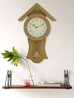 CHRONIKLE Decorative Plastic Case Hut Style Analog English Numbers Pendulum Wall Clock for Living Room Home Decoration Gifts (Size: 32.5 x 7 x 53 CM | Weight: 810 Gram | Color: Almond)
