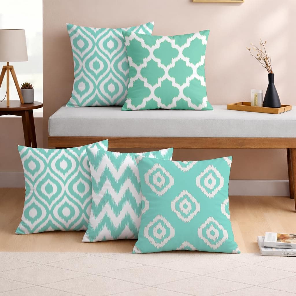 STITCHNEST Set of 5 Polycotton Cushion Covers – 16x16 Inches – Teal & White Ikat Geometric Print – Elegant Cushion Covers for Sofa & Living Room | Perfect for Home Decor