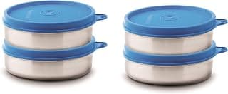 Signoraware Mini Mate Stainless Steel Container | Airtight | Compact Size Easily fit into Bag | Best for Storing Snacks & Dried Etables | Great for office Exectives & School Goers (60ml x 4 | Blue)