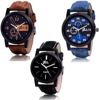 Acnos Premium Brown Blue and Black Leather Analog Watches for Men Pack of - 3 and Brand Box (L-01-02-05)
