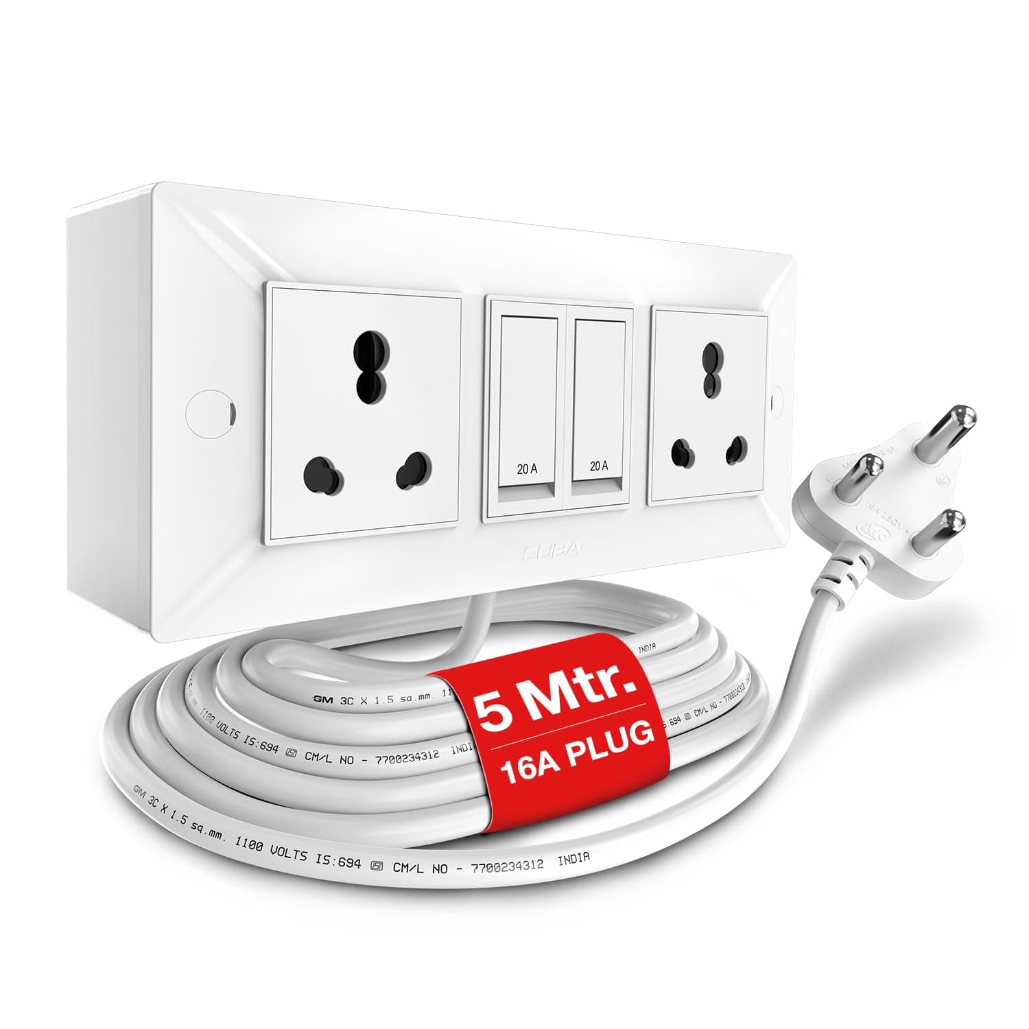 GM Cuba 16A 2+2 Extension Board with 5Mtr Extension Cord, Heavy-Duty Power Strip with Dual 20A Switches, 16A 3-Pin Plug, for High-Power Appliances, Home, Kitchen & Office Use, White