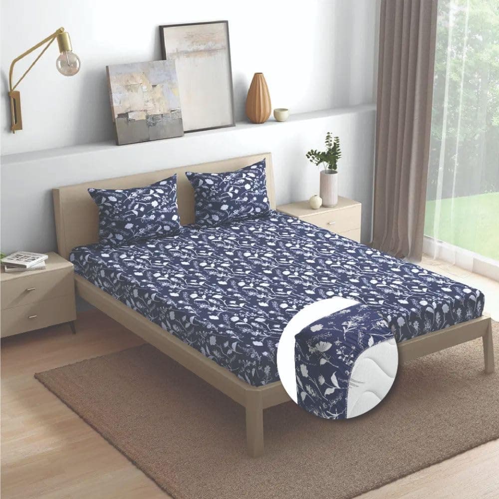 Wakefit Cotton Fitted Bedsheet | 200 TC Elastic Fitted Sheet, King Bed Bedsheet with 2 Pillow Covers Floral | Evelyn - 78X72 Inches, Blue