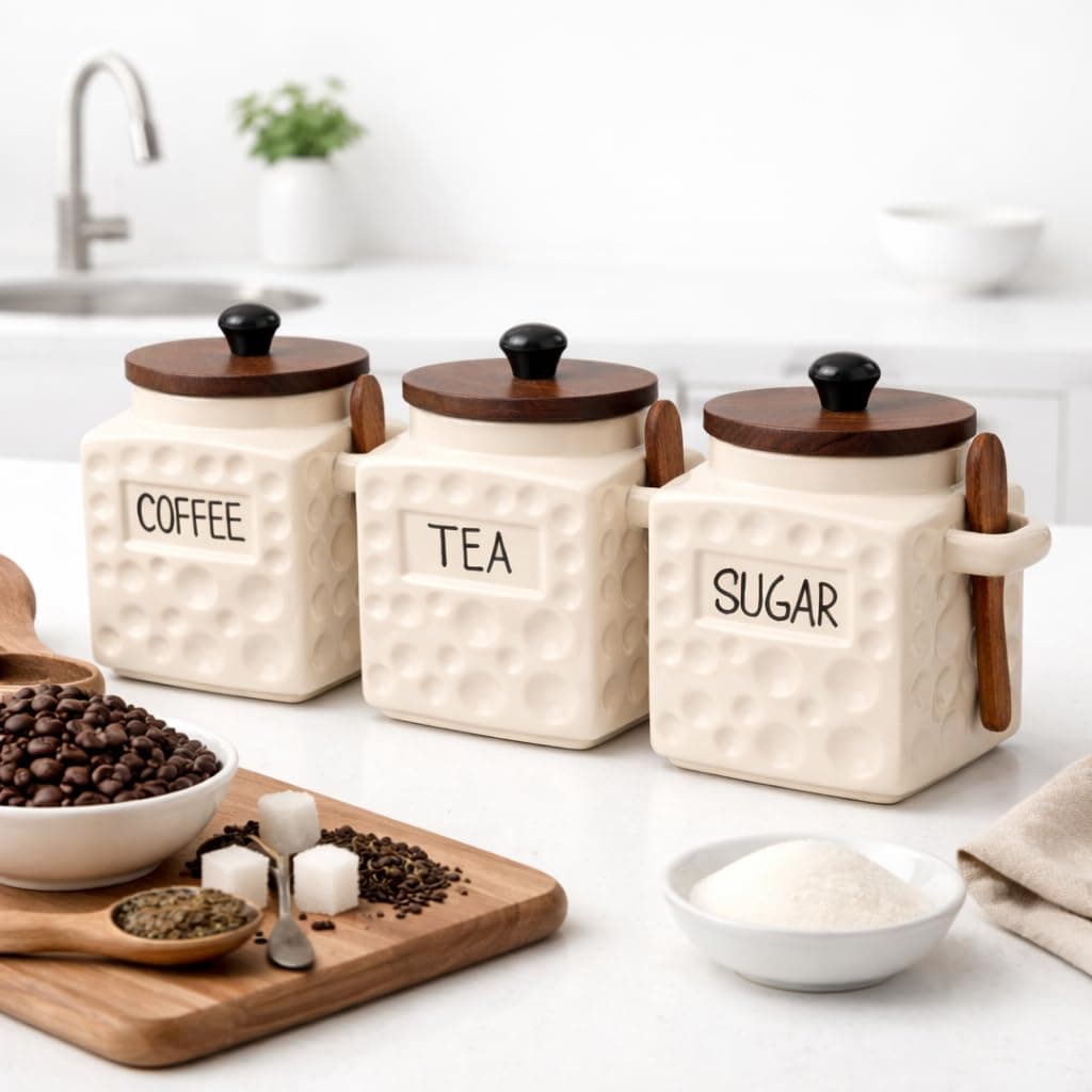 The Deluxe Creations Ceramic Tea Coffee Sugar Jars Set with Wooden Lid & Spoon | Premium Kitchen Storage Canisters | Airtight Containers for Tea Coffee Sugar | 500 ML Each | Set of 3