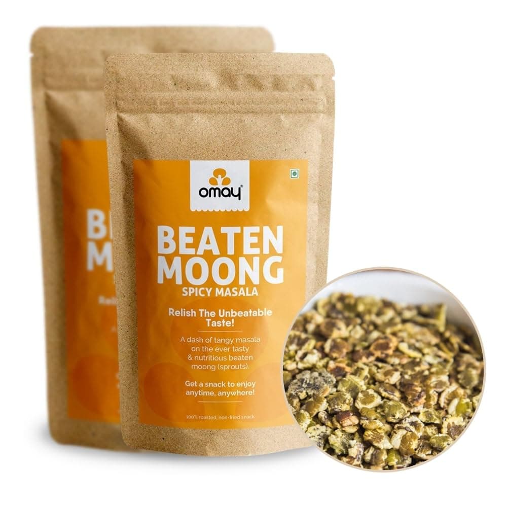 Omay Foods Roasted Moong Jor, 400g Pouch (Pack of 2) | Beaten Moong | 22g Protein | Oil-Free, Roasted Not Fried | Chatpata Namkeen | Gluten-Free, Vegan | Healthy Snack for Weight Loss