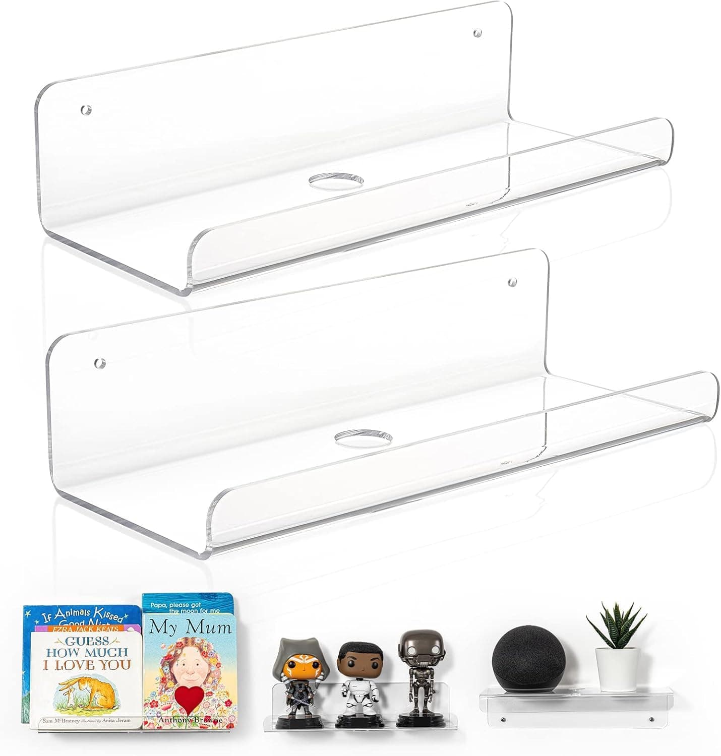 feeling well 2-Pack Clear Acrylic Floating Wall Shelves, 10" Minimalist Book & Decor Shelf Set for Bedroom, Bathroom, Kitchen