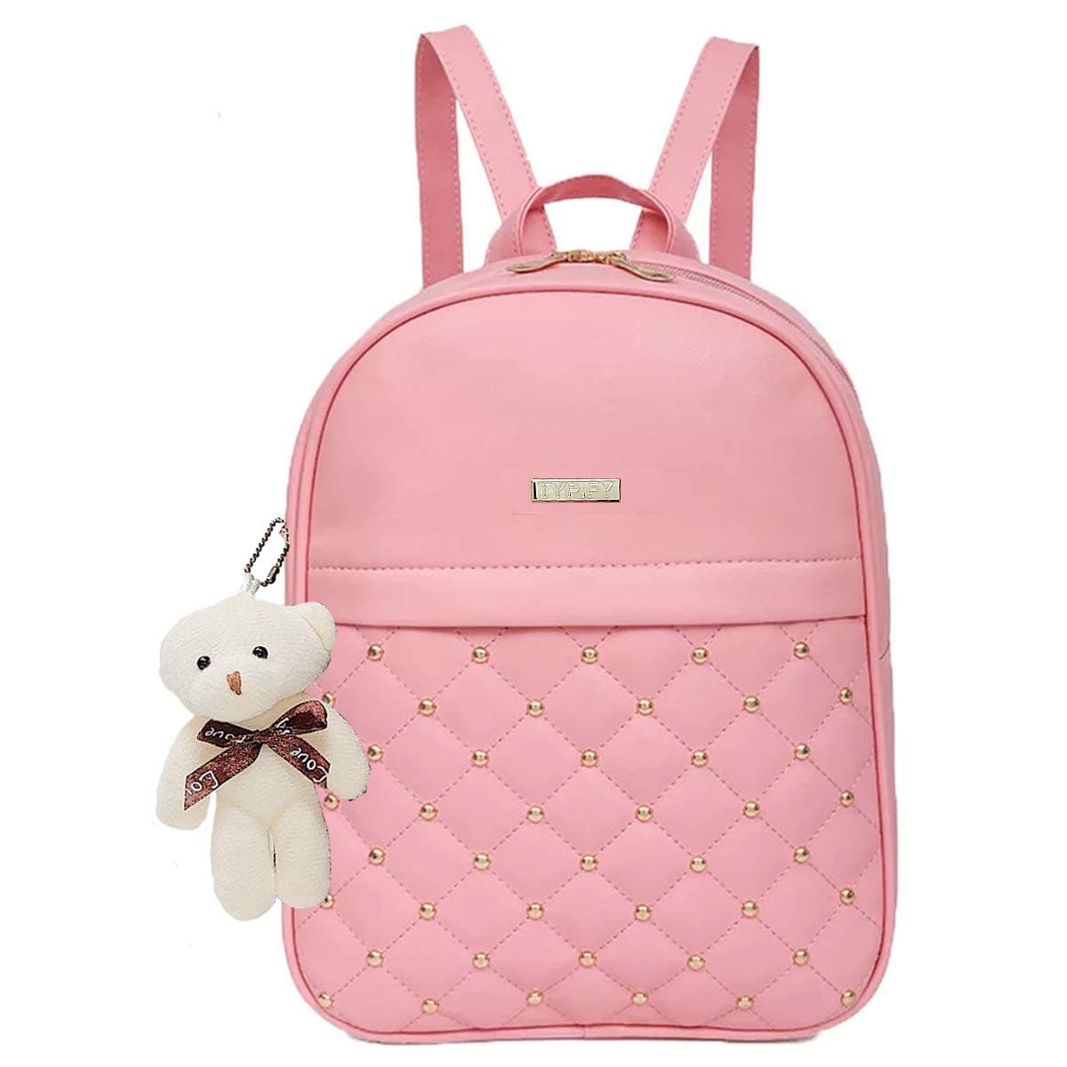 TYPIFY Women's PU Leather Teddy Keychain Stylish And Trending Backpack for College Office Bag Handbag Purse - Pink