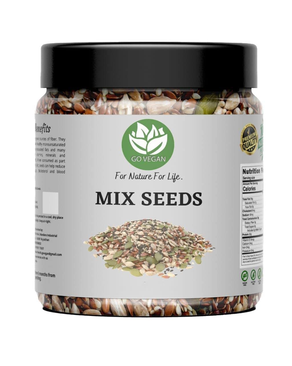 Go Vegan Mix Seeds For Eating 250gm | 5 in 1 Super Seeds Mix of Sunflower, Pumpkin, Flax, Watermelon & Chia Seeds (jar pack)