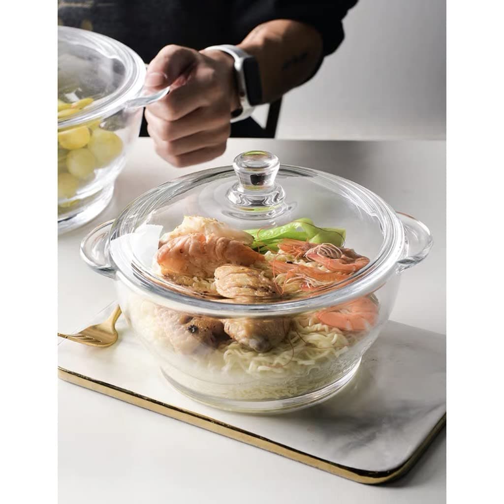 MIVANA 1000 ML Glass Casserole Deep Round - Oven and Microwave Safe Serving Bowl with Glass Lid (2 Pc), Transparent