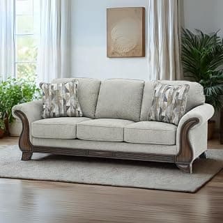 Royaloak Amber Fabric Sofa 3 Seater | Soft Grey Upholstery with Thick Cushions | Designer Wooden Arm Panels and Wood Finish Skirting | 3 Seater Sofa with Super Soft Cushions for Comfort