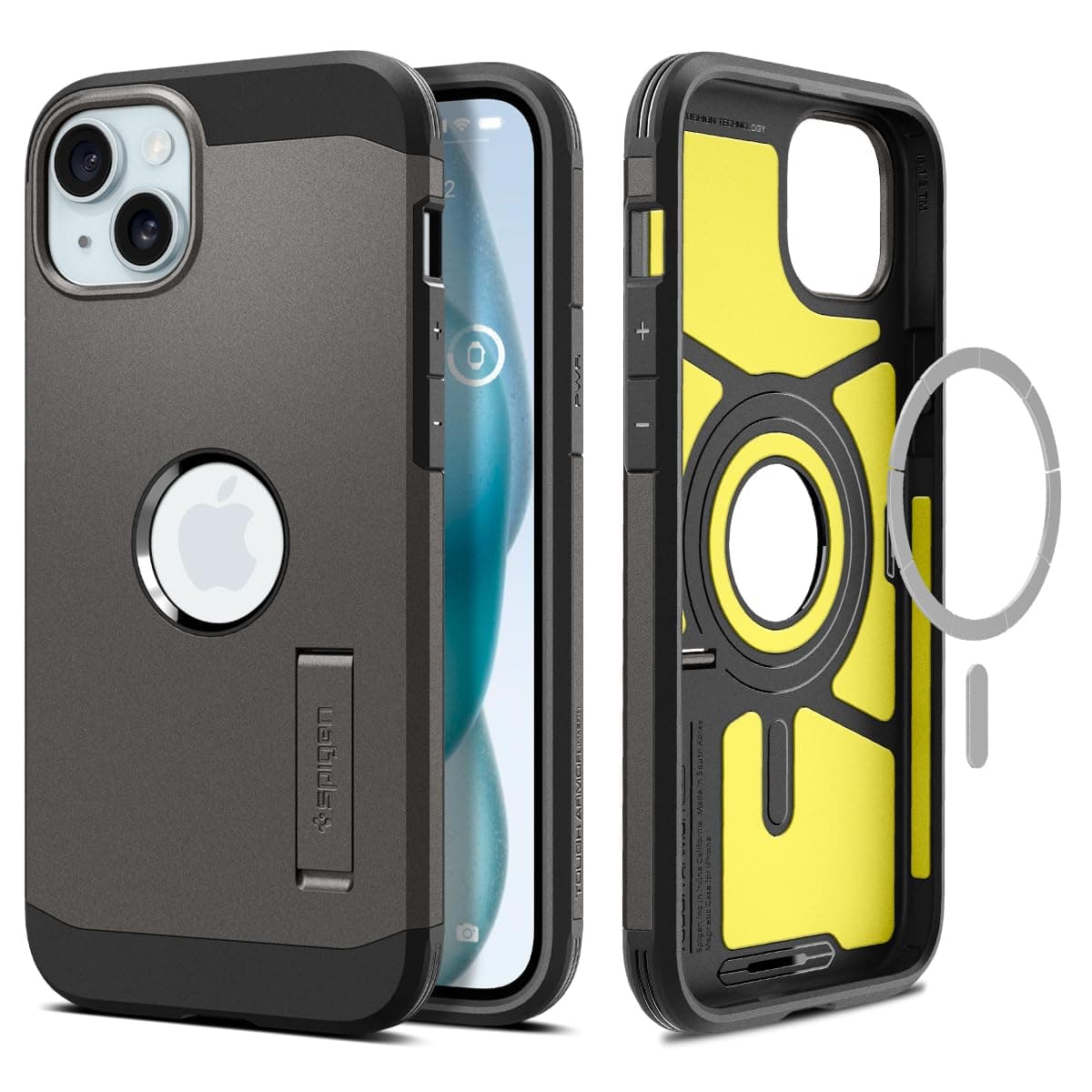 Spigen Tough Armor MagFit Back Cover Case for iPhone 15, MagSafe Compatible, Shock Optimization with XRD Foam - Polycarbonate + TPU | Gunmetal