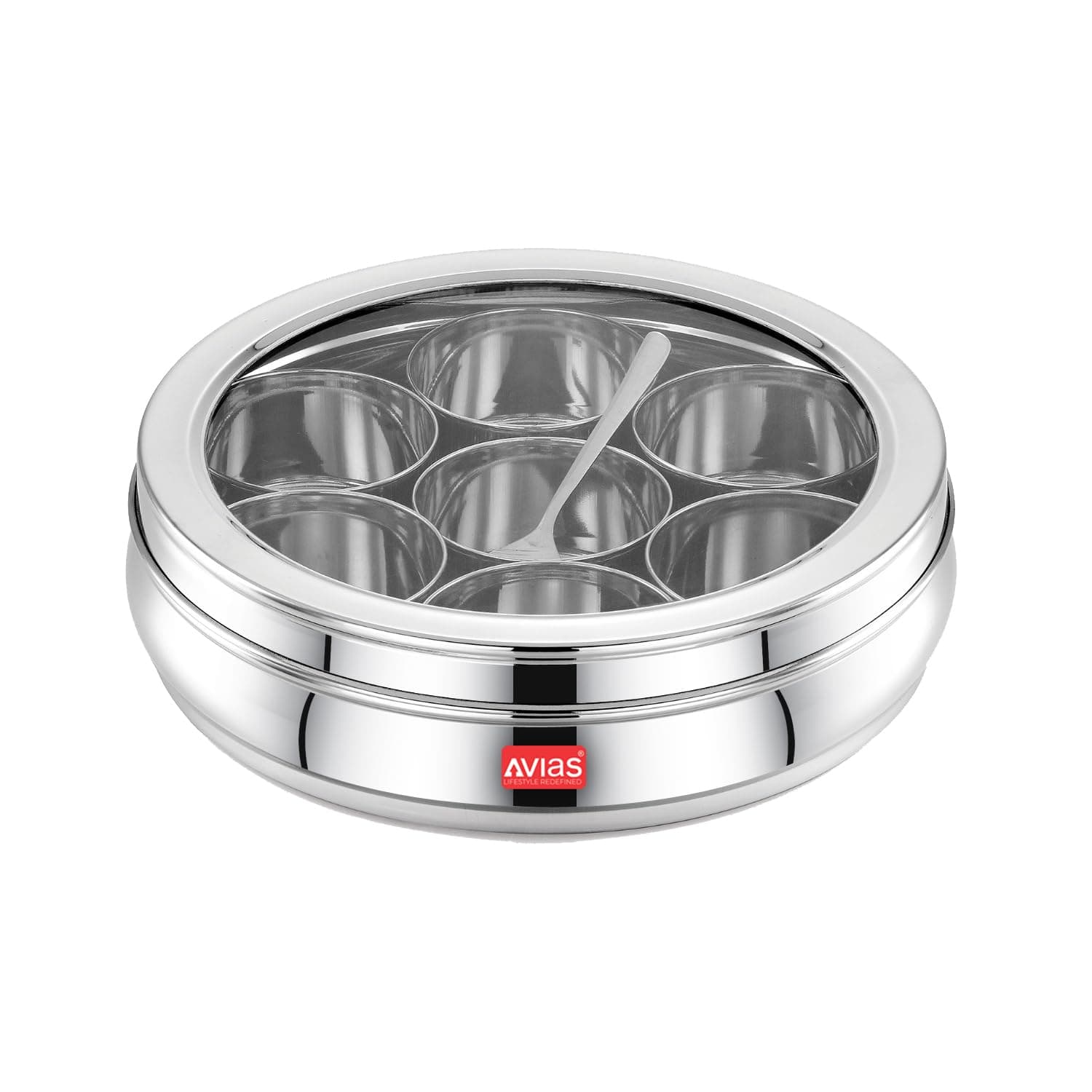 AVIAS Deluxe 7-in-1 Stainless Steel Masala/Spice Box, Glass Lid, Medium | Includes 7 Containers with Spoon, See-Through Glass Lid, Food Grade Stainless Steel, Rust Resistant, Ideal for Daily Use