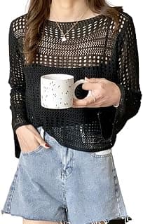 Generic CRAMPLE®Women Short Openwork Sunscreen Knitted Pullover Women Summer Seaside Resort Loose Design Sense Long-Sleeve Sweater Top