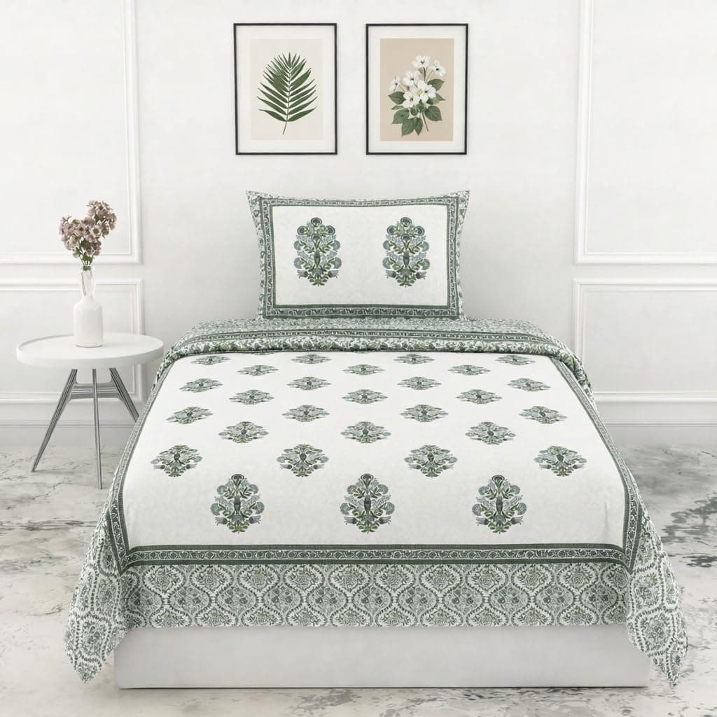 elanorhomes 240 TC Pure 100% Cotton Single Bedsheet (60x90 Inches) with 1 Pillow Cover | Ultra-Soft, Breathable & Skin-Friendly | Lightweight & Durable, Green Fulwari Print