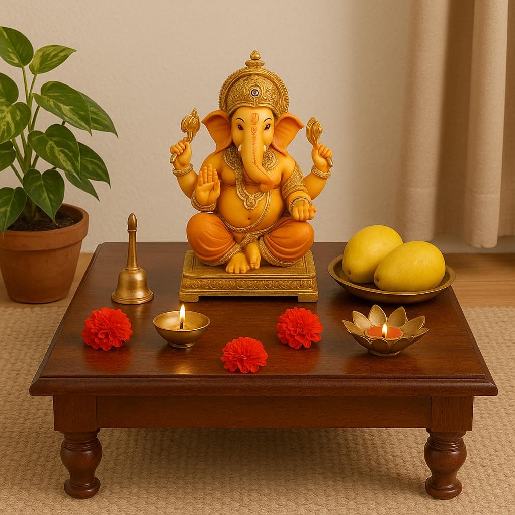WOODMAZE Sheesham Wood Pooja Chowki for Home Temple Wooden Bajot Chowki for Sitting (44 x 44 x 15 Centimeters)