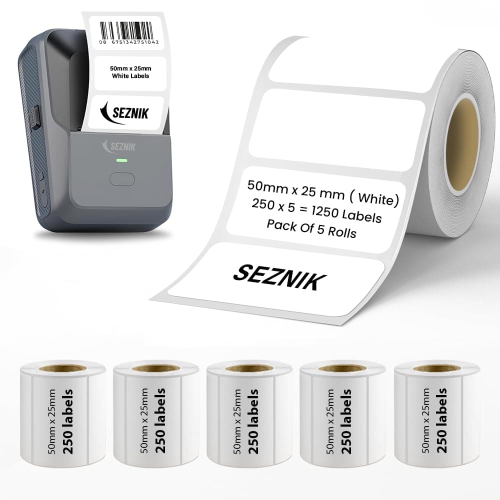 Seznik Thermal Lables, 50mmx25mm Label Roll Paper, 2 inch Self-Adhesive Thermal Paper for Thermal Printer [Printer NOT Included] (White - 50mmx25mm - 1250 Labels)