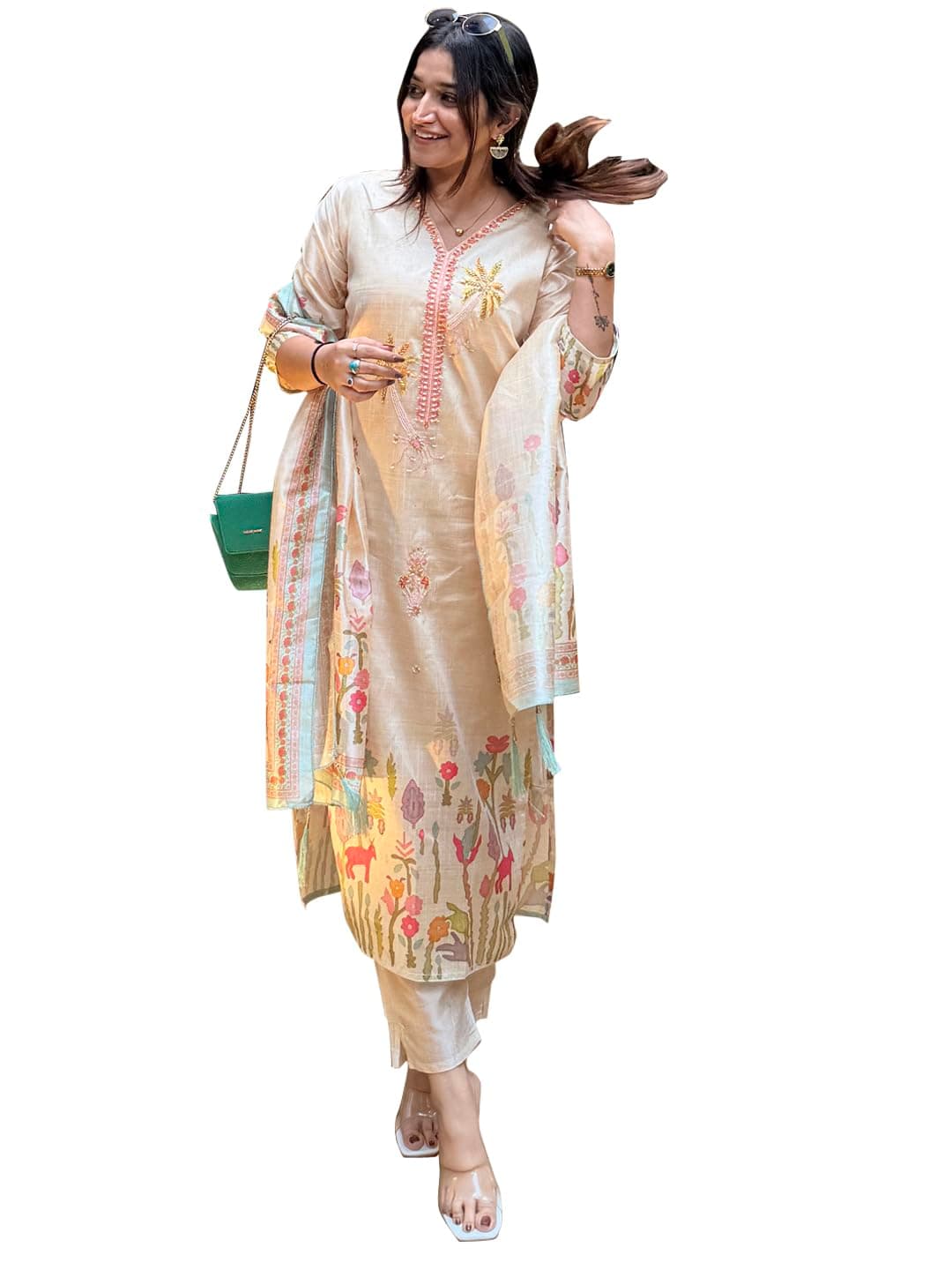 VredeVogel Women's Beads Embroidered Viscose Assam Silk Kurta Pant Set with Dupatta | Festive & Casual Ethnic Kurta Sets for Women