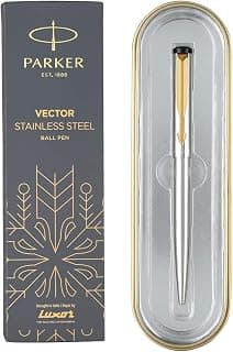 Parker Vector Stainless Steel Gold Trim Ball Pen| Ink Color : Blue | Gift For Employees | Perfect For Professional Use