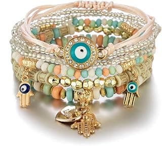 Shining Diva Fashion Bohemian Stackable Multilayer Hamsa Hand Evil Eye Lucky Protection Bracelets Multicolor Crystal Charm Beaded Bracelet for Women Girls