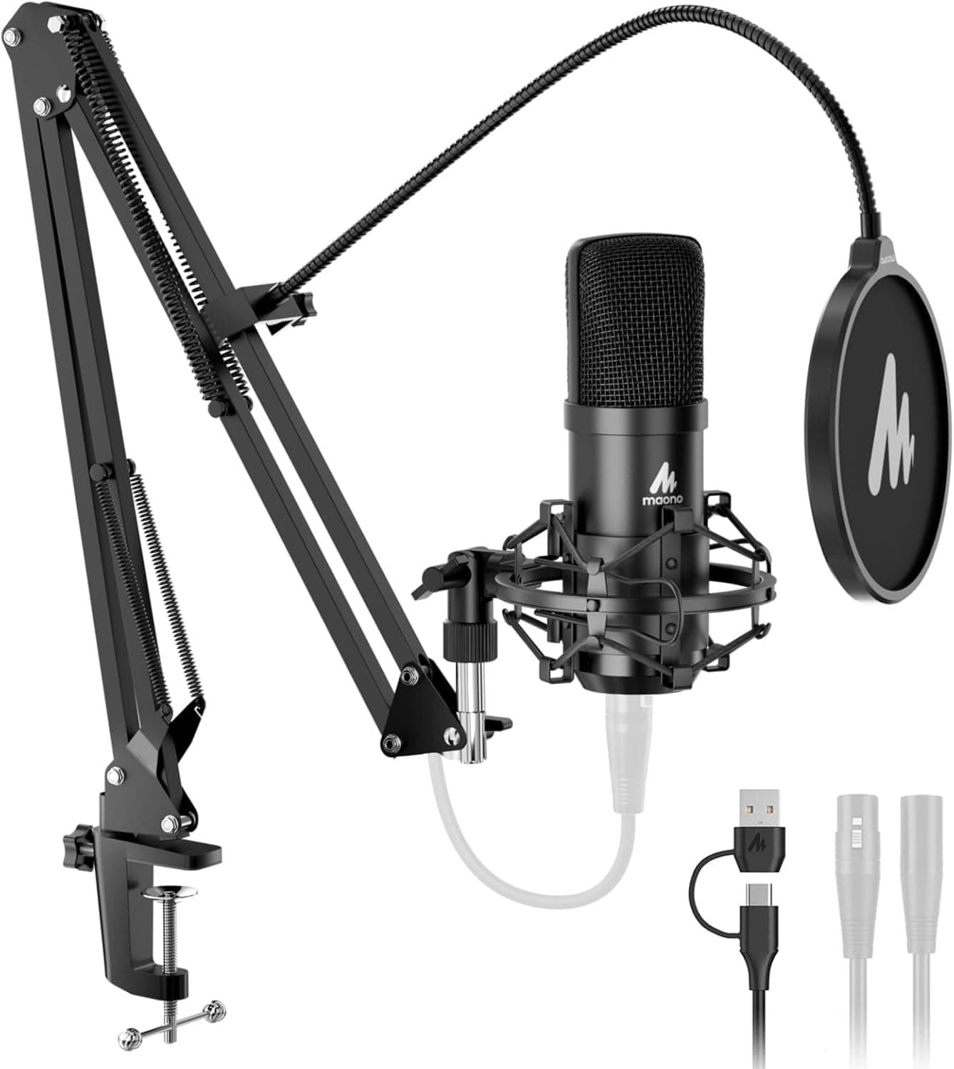 MAONO A04-Gen2 XLR/USB Condenser Mic for Podcast: 192kHz/24Bit Cardioid Microphone for YouTube with Noise Cancellation Software, Metal Arm Kit, Professional Chipset for Recording, Studio, Streaming