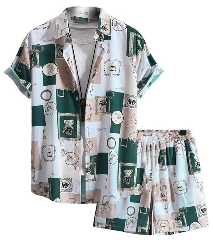 SHANTVAN GALLERY Men's Abstract Print Co-ord Set, Button-Down Shirt with Black Shorts, Regular Fit, White and Tan