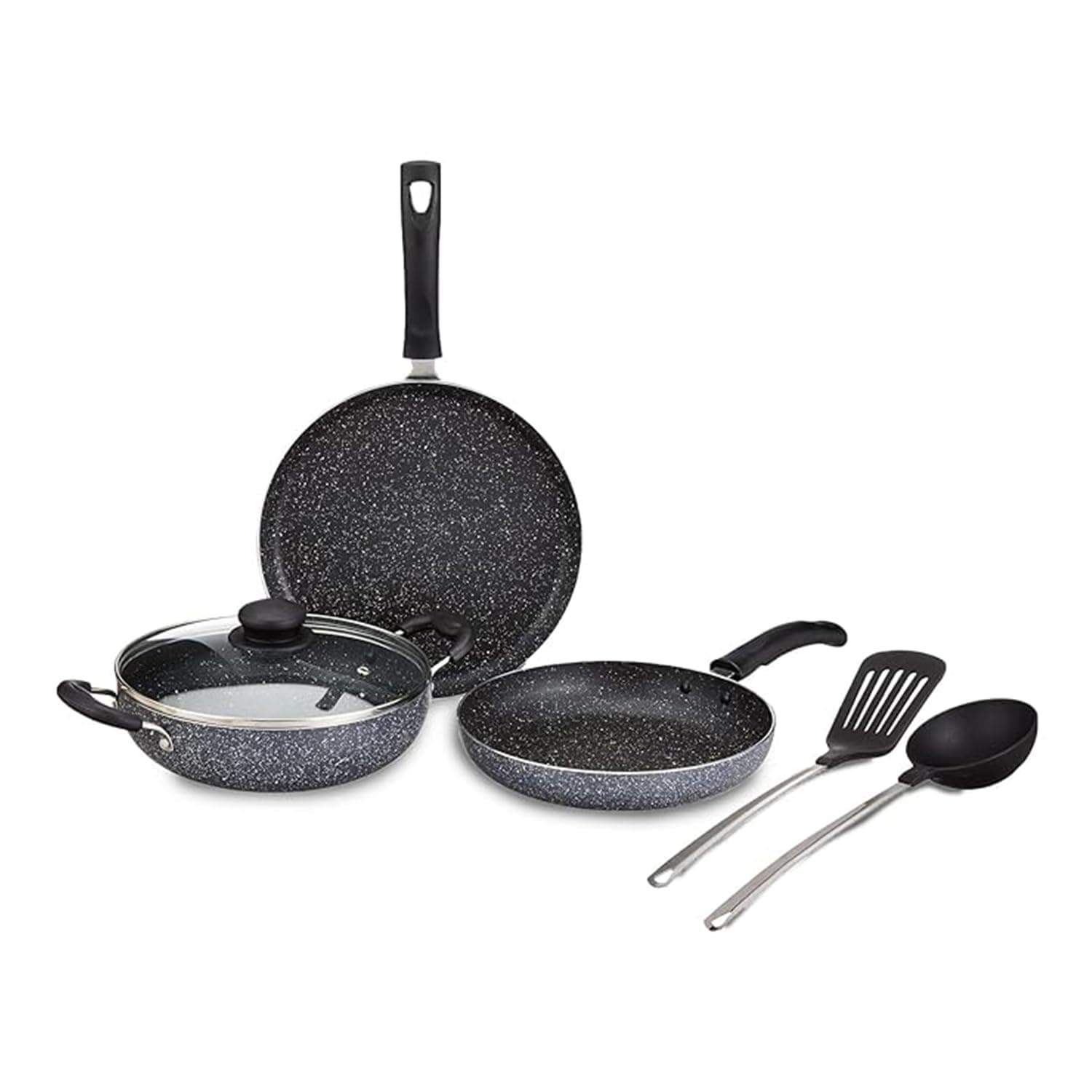 Amazon Brand - Solimo 6 Piece Non-Stick Cookware Set | Granite Finish | Induction Base | PFOA Free | HTR Exterior Coating | 25cm Tawa, 22 cm Kadai, 22cm Fry Pan, 1 Glass Lid & 2 Nylon Spatulas | Grey