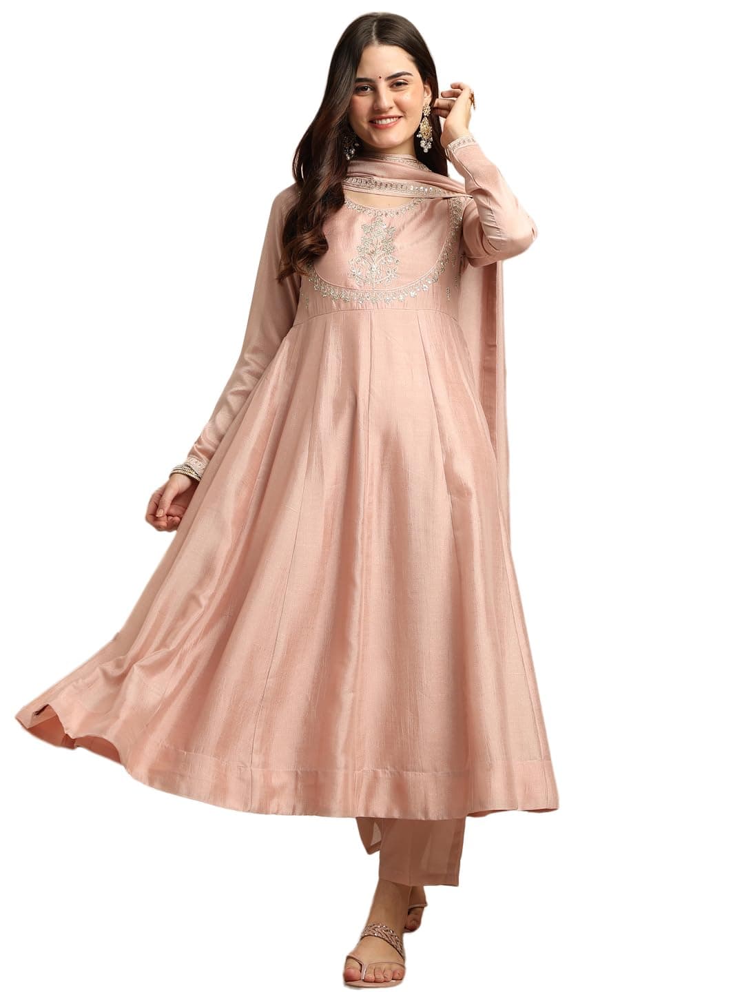 MOKOSH Women's Silk Embroidered Anarkali Kurta and Pant with Dupatta Set | 3 Piece Ethnic Kurta Set for Women | Regular Fit Traditional Outfit | Festive Kurti Set