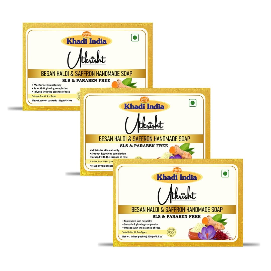Utkrisht Khadi Besan Haldi & Saffron Handmade Bathing Soap Bar 125g (Pack of 3) | Natural & Herbal | Moisturizing, Glowing & Brightening Skin | For Acne & Pimples | All Skin Types | For Men & Women