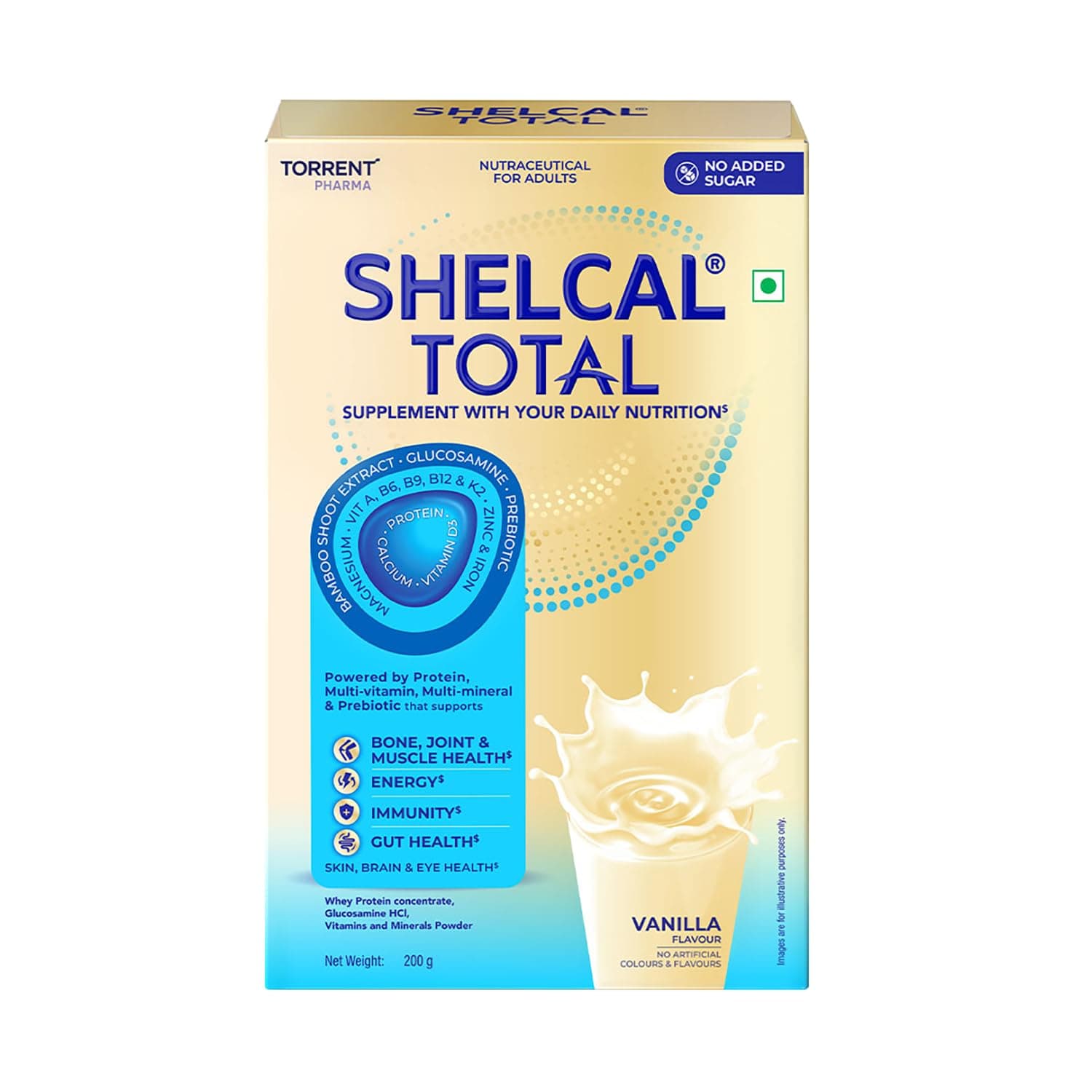 Shelcal Total - Powered by Protein, Multi-Vitamin, Multi-Mineral & Prebiotic supports Bone, Joint & Muscle, Immunity, Gut Health and more - No Added Sugar (Vanilla) 200g - By Torrent Pharma