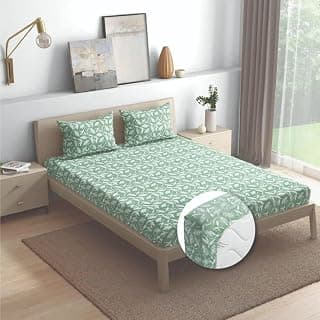 Wakefit Cotton Fitted Bedsheet | 200 TC Elastic Fitted Sheet, King Bed Bedsheet with 2 Pillow Covers Floral | Hester - 78X72 Inches, Green