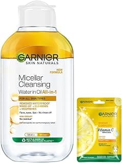 Garnier Skin Naturals, Cleansing Water for Waterproof Makeup, 125ml & Garnier Skin Naturals, Face Mask, Hydrating, Brightening & Anti-Dark Spots, Bright Complete, 1 pc, 28g