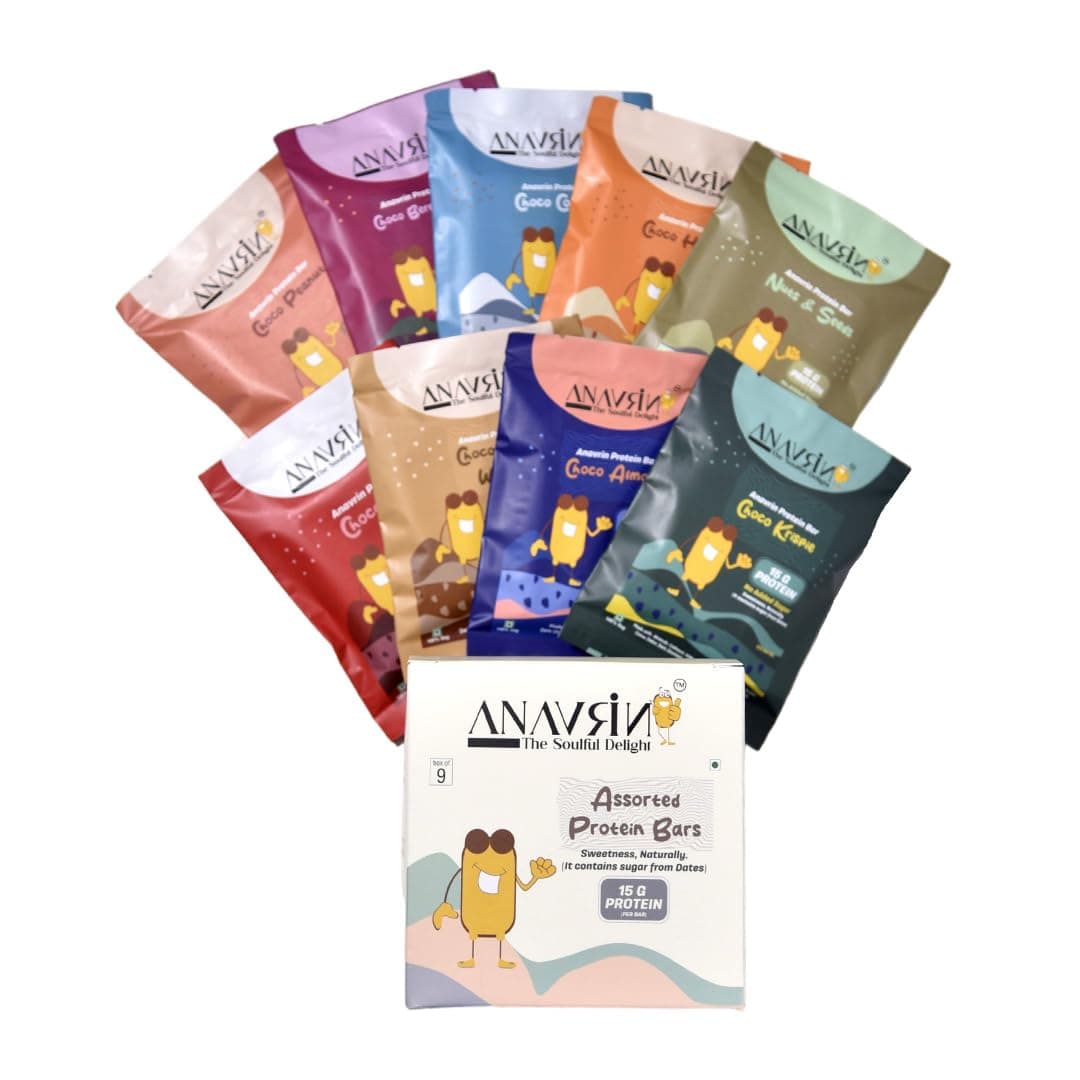 ANAVRIN Protein Bar Assorted Box (9 Bars x 50gm) - 15g Protein in each Bar Gluten Free High Protein Energy Bar with Goodness of Dates, No Added Sugar, No Soy, No Preservatives Healthy Snack