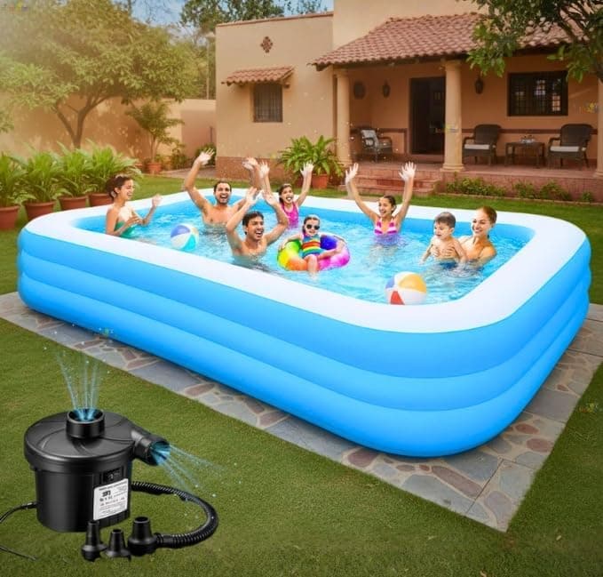 Toy Imagine 𝟏𝟎 𝐅𝐭 Big Inflatable Swimming Pool Rectangular for Adults & Kids with 2-Way Electric Pump Big Size Family Pool Portable Water Tub for Adults Scratch-Proof Durable 3 Layer Outdoor Pool