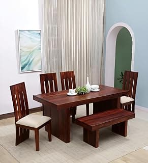 Solid Sheesham Wood 6 Seater Dining Table Set with 4 Chairs and 1 Bench for Dining Room Home Wooden Dining Room Set Furniture (Natural Teak Finish)