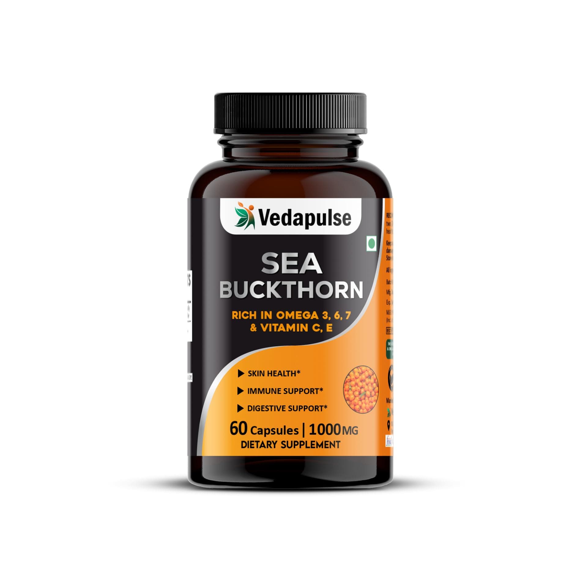 Vedapulse Sea Buckthorn 1000mg | Source of Omega 3, 6 & 7 with Vitamin C & E | Nutritional Support for General Wellness | 60 Vegetarian Capsules