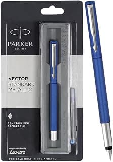 Parker Vector Standard chrome Trim Fountain Pen | Metallic Blue Body Colour| Ink Colour – Blue