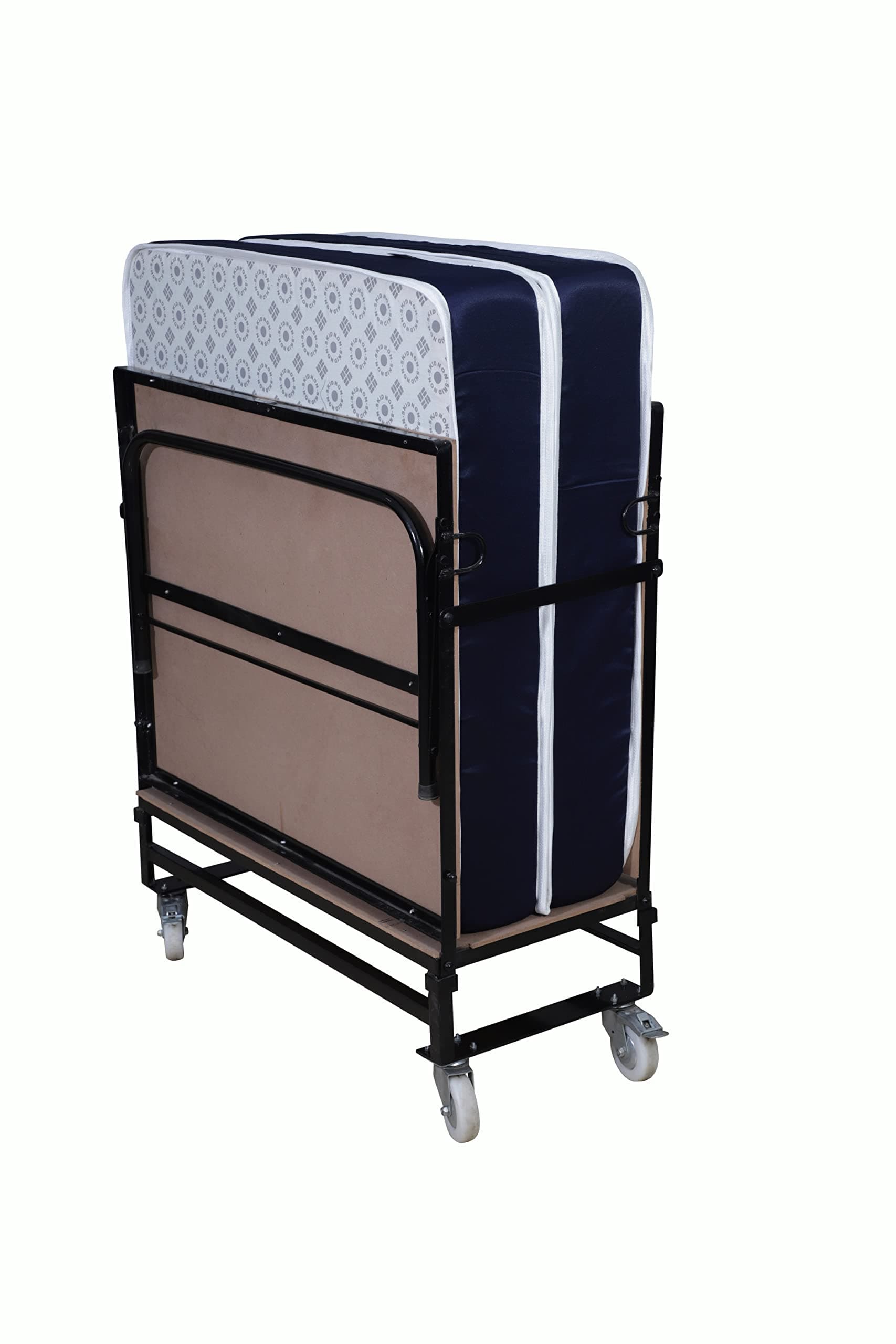 LOOM & NEEDLES Rollaway Wrought Iron Metal Folding Bed Single for Sleeping | Foldable Bed with Mattress | Premium Medium Firm 6 Inch Single Size Gadda with Lockable Wheels | Space Saving Guest Bed