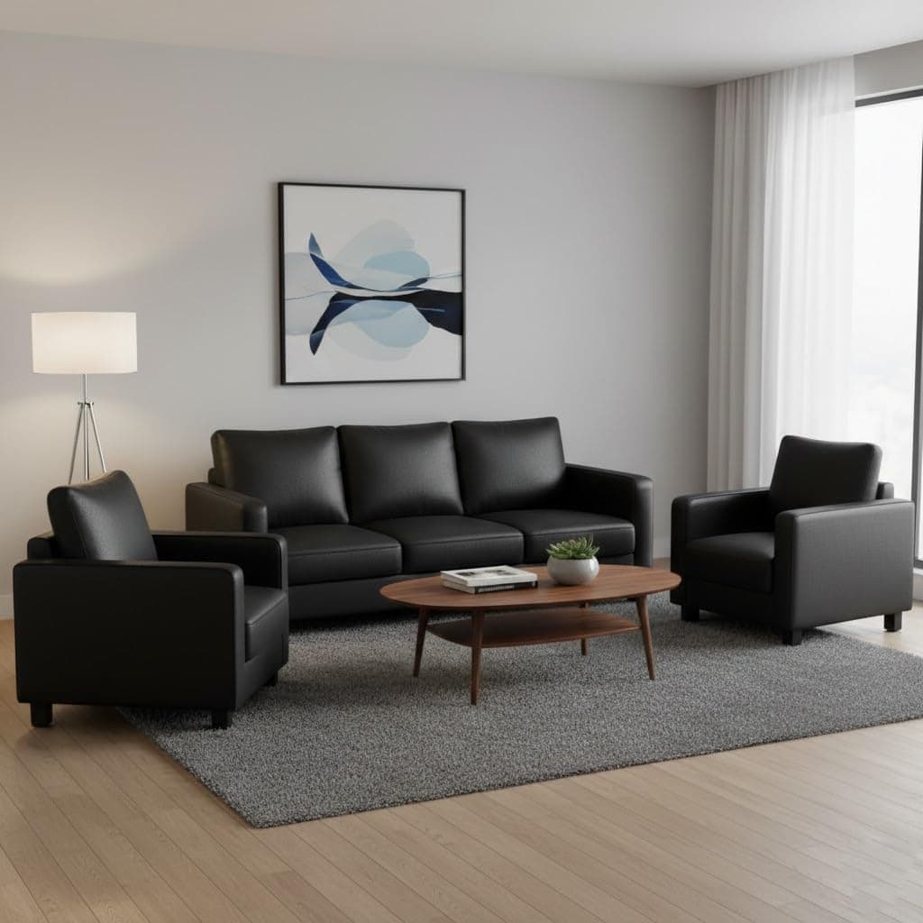FURNY Haster 5 Seater Premium Leatherette 3+1+1 Sofa Set (Black) Premium Finish | Comfortable & Ideal for Living Room