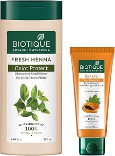 Biotique Fresh Henna Color Protect Shampoo & Conditioner, 180ml & Biotique Papaya Tan Removal Brightening & Reviatalizing Face Scrub For All Skin Types, 100g