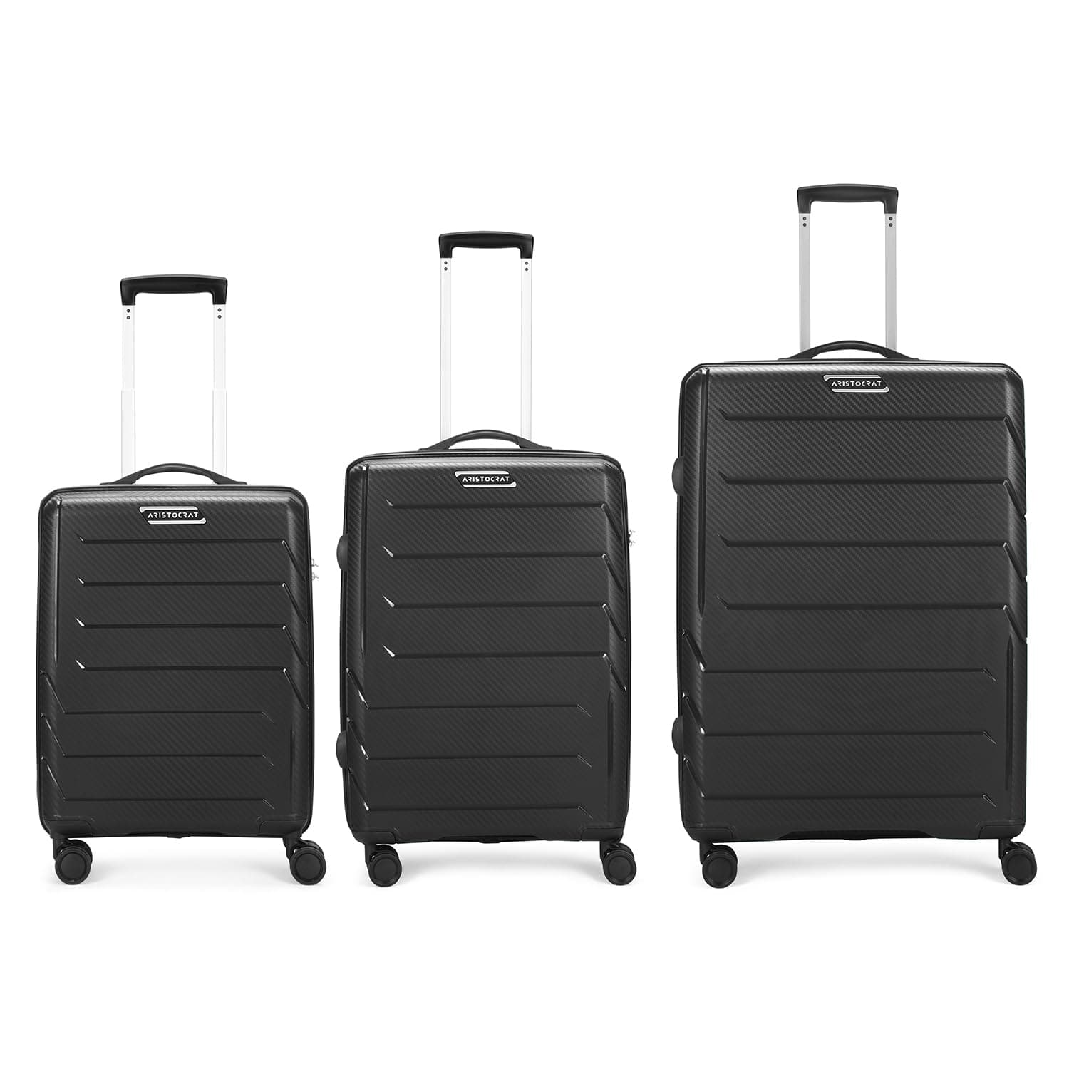 Aristocrat Polypropylene Chroma 3 Pc Set Cabin 55 Cm(Small), 66 Cm(Medium), 75 Cm(Large) 8 Wheels Spinner Hard Case Trolley Bags for Travel,Suitcase with Combination Lock&3 Years Warranty(Black)