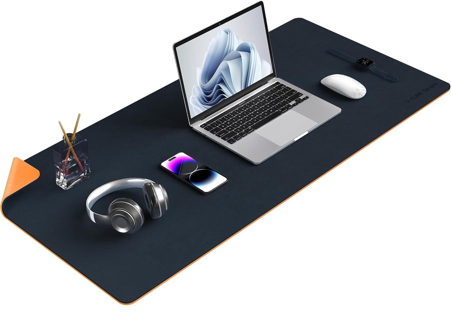 V-CUBE Designs Premium Vegan Leather Dual Color Desk Mat 90X45cm 1.8mm Thick| Laptop Mat/Extended Large Mouse Pad, Reversible Deskspread |High Tear/Peel Strength|Anti-Slip,Splash-Proof| Blue&Yellow