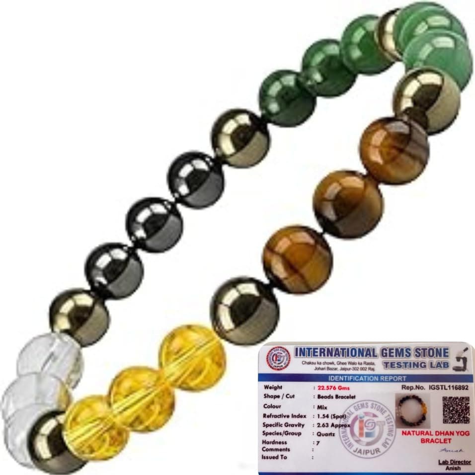 Natural Dhan Yog Crystal Bracelet for men and women | Attracts Wealth , Prosperity & Success | 8mm Multi-Gemstone Beads with Green Aventurine, Pyrite, Tiger Eye, Citrine, Clear Quartz for Wealth and Success, Lab Certified
