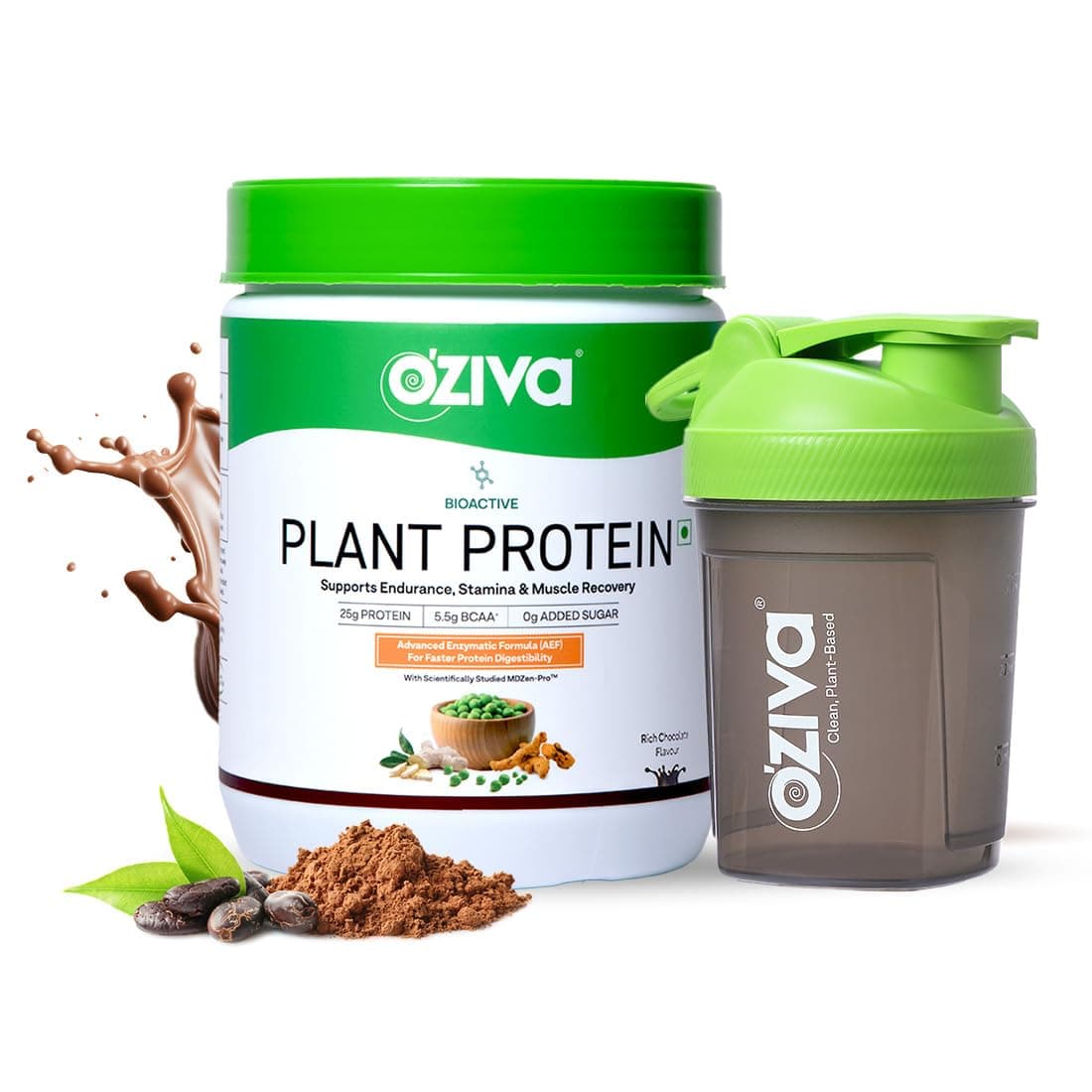 OZiva Bioactive Plant Protein Powder, 5.5g BCAA, Vegan, Chocolate, 500g