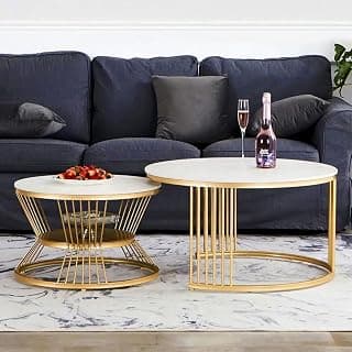 Furniture Café Luxury Nesting Coffee Table Set of 2 – Modern Round Marble Top Accent Tables with Golden Metal Base, Living Room Centerpiece