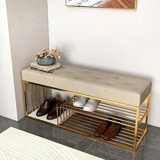 Skafa Metal End of Bed Bench-Upholstered Entry Shoe Storage with Nailhead Trim,Black Mental Frame Ottoman Bench for Bedroom Entry Window Mudroom Living Room (White)