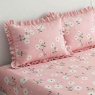 King Size Cotton Feel Elastic Fitted Bedsheet | 300-350 TC Soft Fabric | Double Bed with All Around Elastic | 2 Matching Frill Pillow Covers | 72x78 Inch (Pink Floral Print)