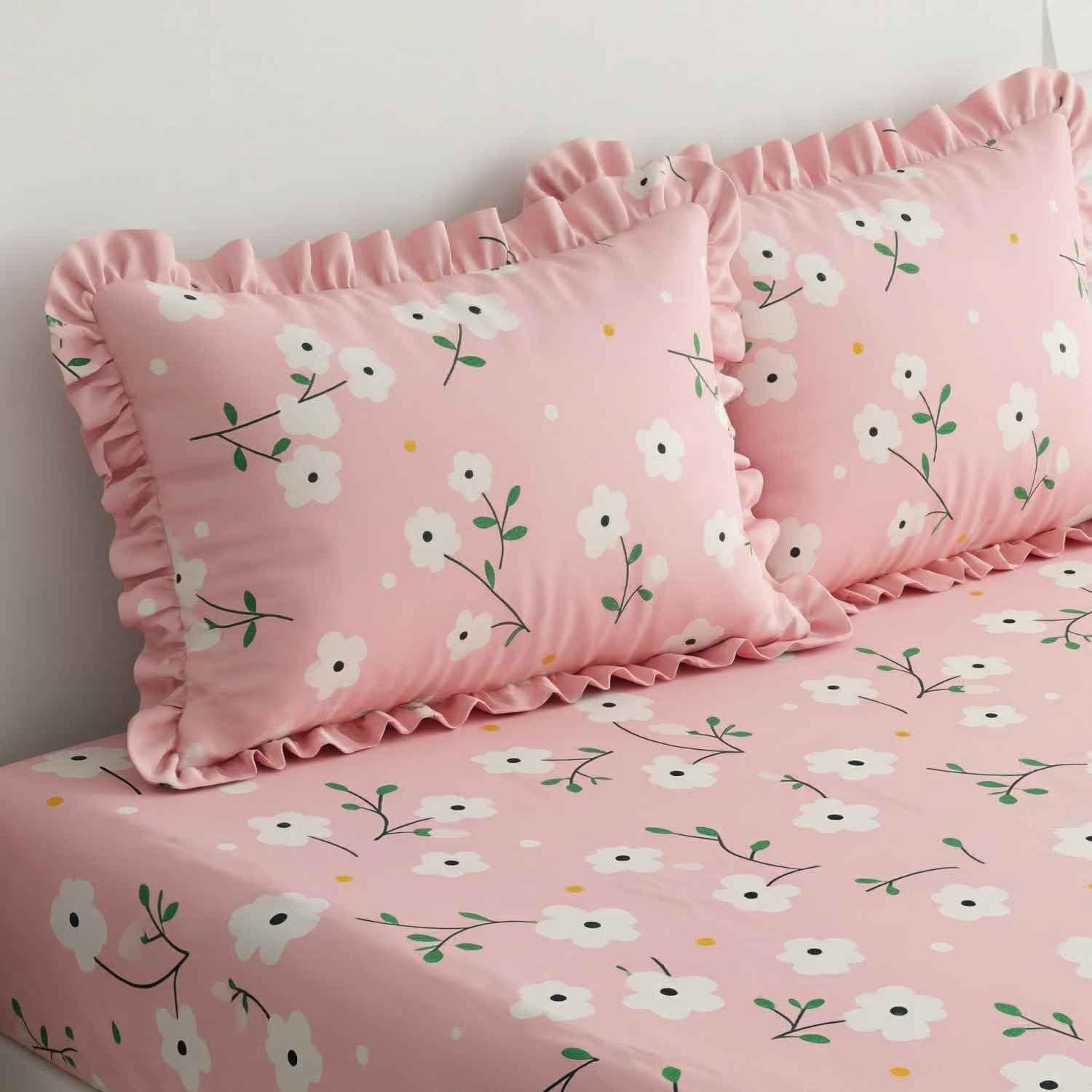 VASHEK 380 TC Premium Glace Cotton Elastic Fitted Bedsheet King Size with 2 Pillow Covers King Size | Double Bed with All Around Elastic (Pink Frill, Fitted - 72"x78" King)