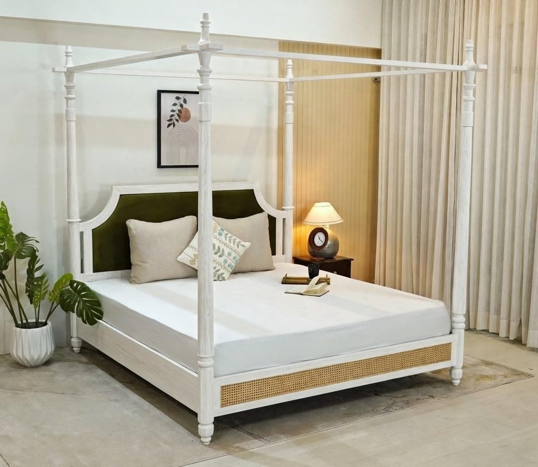 DAKSHAYANI HANDICRAFT Sheesham Wood Poster Bed | Solid Wooden Bed Frame | Handcrafted Traditional Design | Durable & Elegant Bedroom Furniture (White, Queen, Design 25)