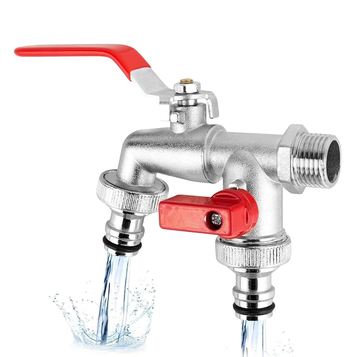 HASTHIP 1/2 Inch Dual Outlet Garden Brushed Faucet Splitter, Heavy Duty Zinc Alloy Double Valve Tap with Individual Control, Outdoor Faucet Garden Tap for Efficient Water Distribution, Silver